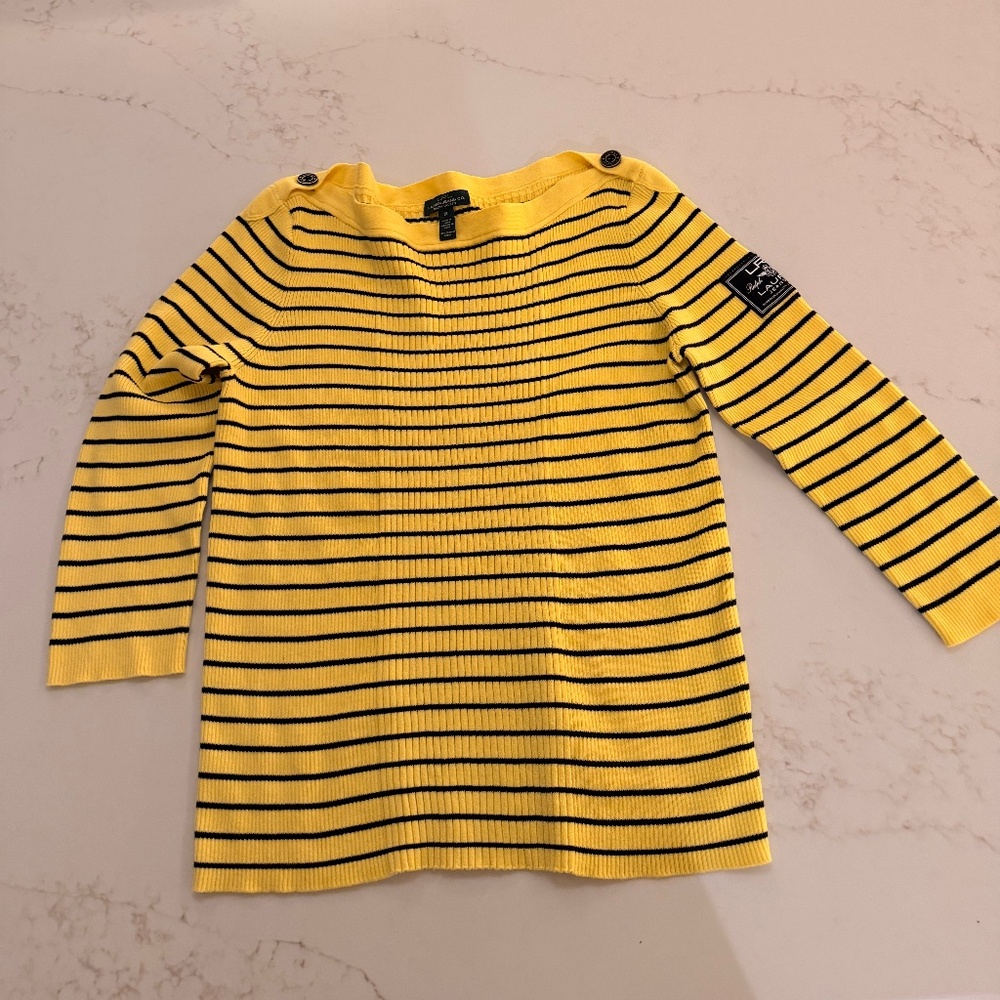 Lauren Jeans Co Ralph Lauren Yellow Striped Ribbed Sweater | Button Shoulder